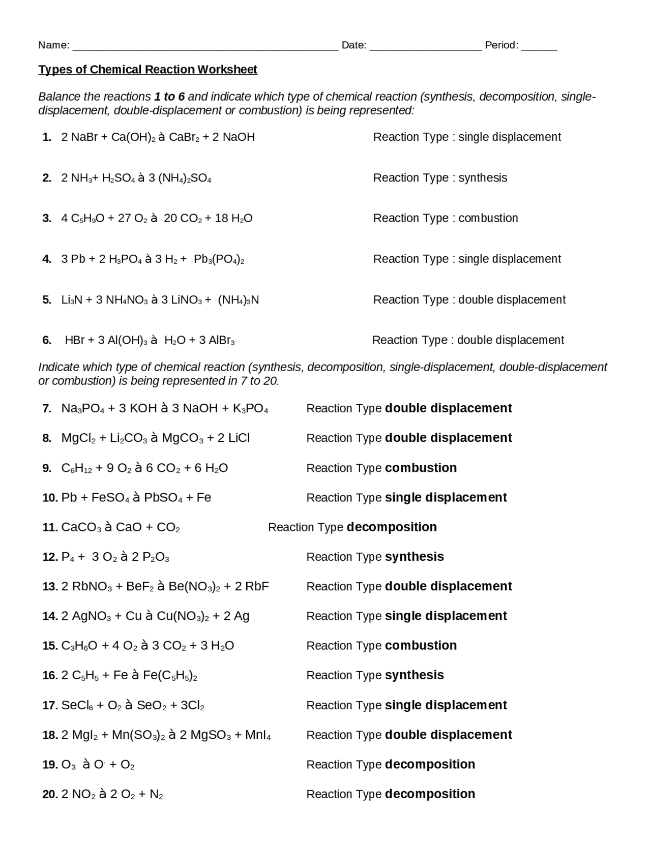 types of reactions worksheet answers