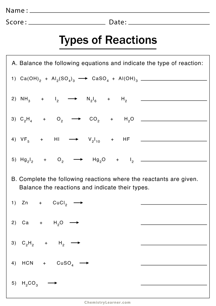 types of reactions worksheet answers