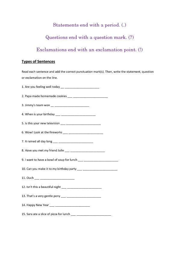 types of sentence worksheet