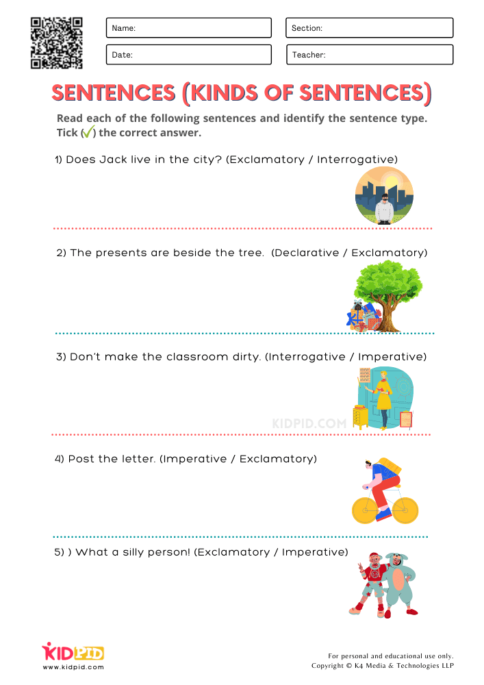types of sentences worksheet for 2nd grade