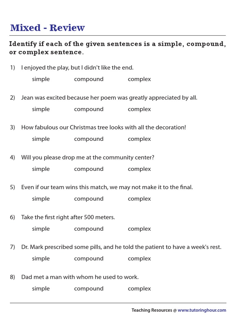 types of sentences worksheet simple compound complex