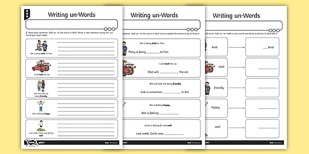 Writing un- Words Differentiated Worksheet / Worksheet Pack