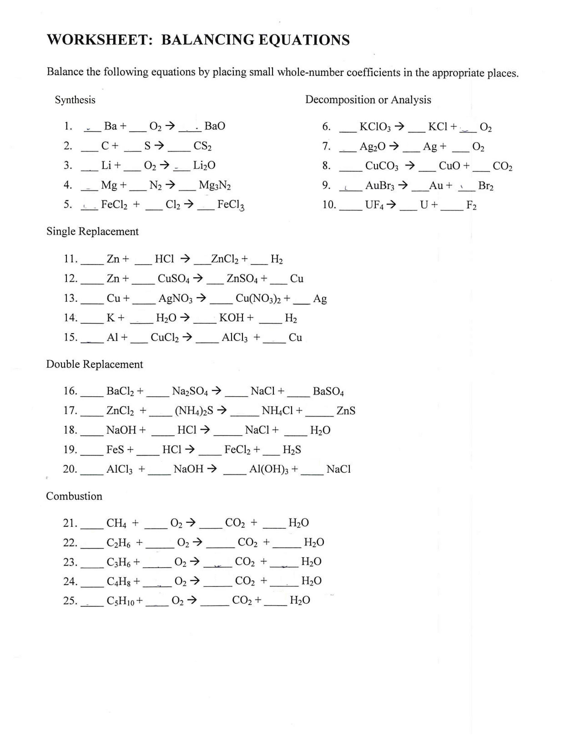 unbalanced chemical equations worksheet