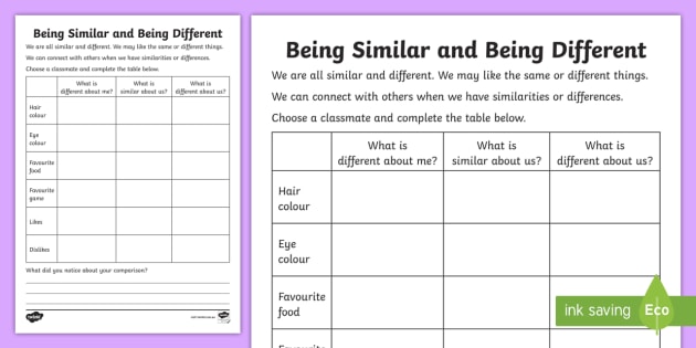 Being Similar and Being Different Worksheet (teacher made)