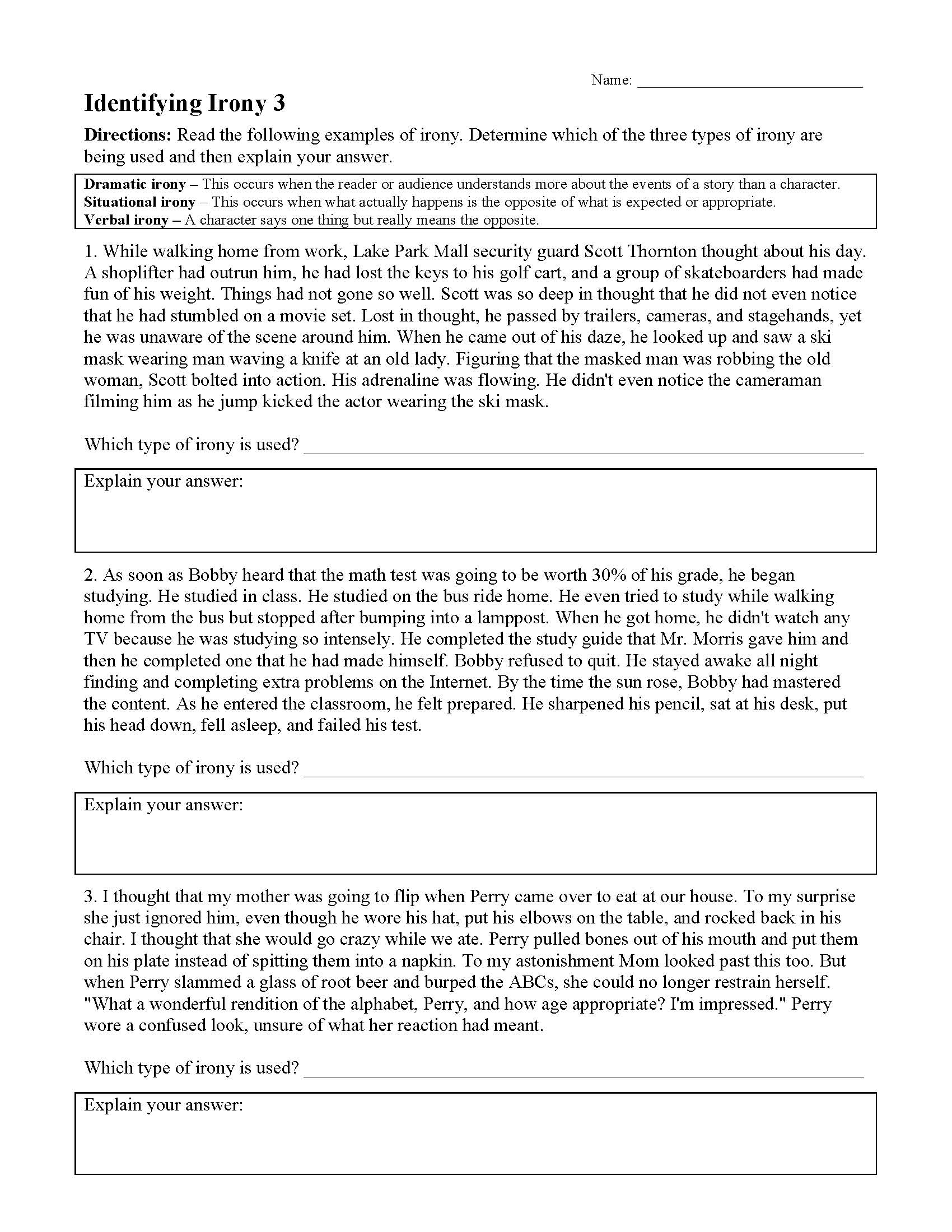Irony Worksheet 3 | Reading Activity