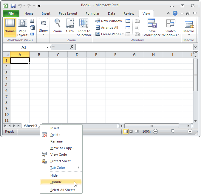 MS Excel 2010: Unhide a sheet