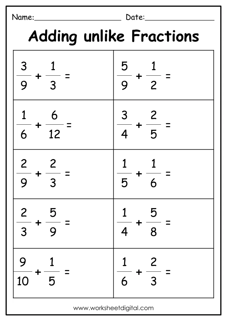 Adding Fractions with Unlike Denominators - Worksheet Digital