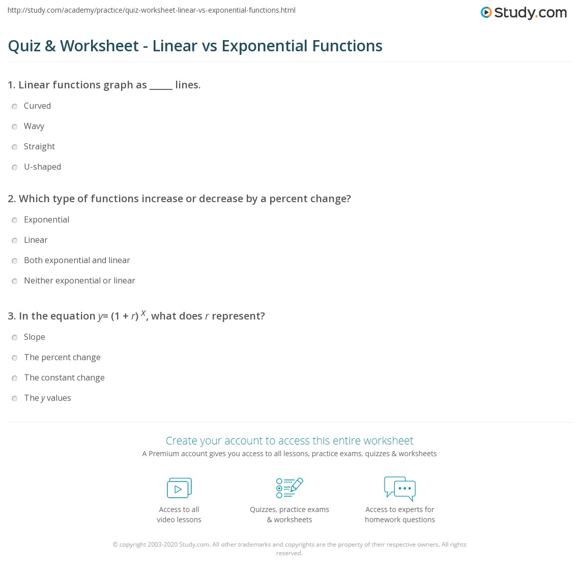 Quiz & Worksheet - Linear vs Exponential Functions | Study.com ...