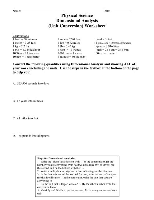 Physical Science Dimensional Analysis (Unit Conversion) Worksheet