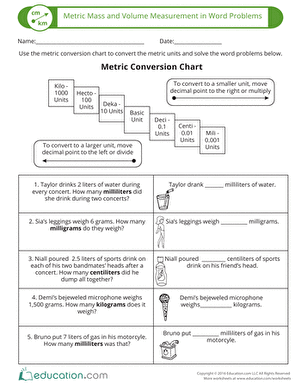 Metric Mass and Volume Measurement in Word Problems | Worksheet ...