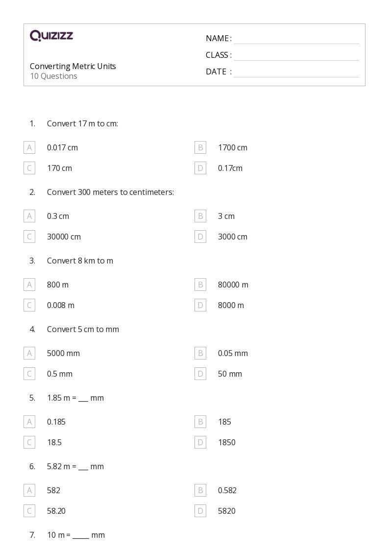 50+ Converting Metric Units worksheets for 7th Class on Quizizz ...