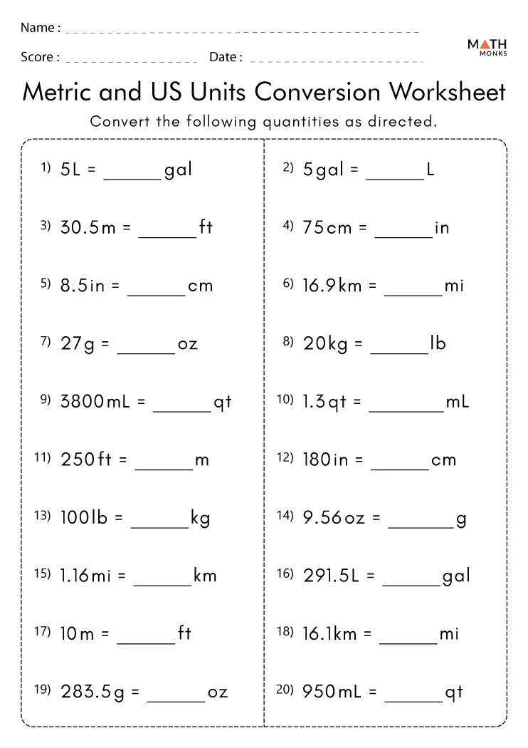 unit conversion worksheet pdf