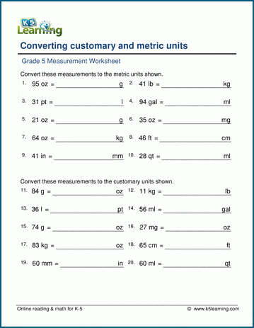 Grade 5 Worksheets: Converting between customary and metric units ...