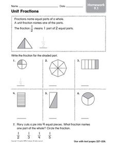 Unit Fractions Homework 9.1 Worksheet for 2nd - 3rd Grade | Lesson ...