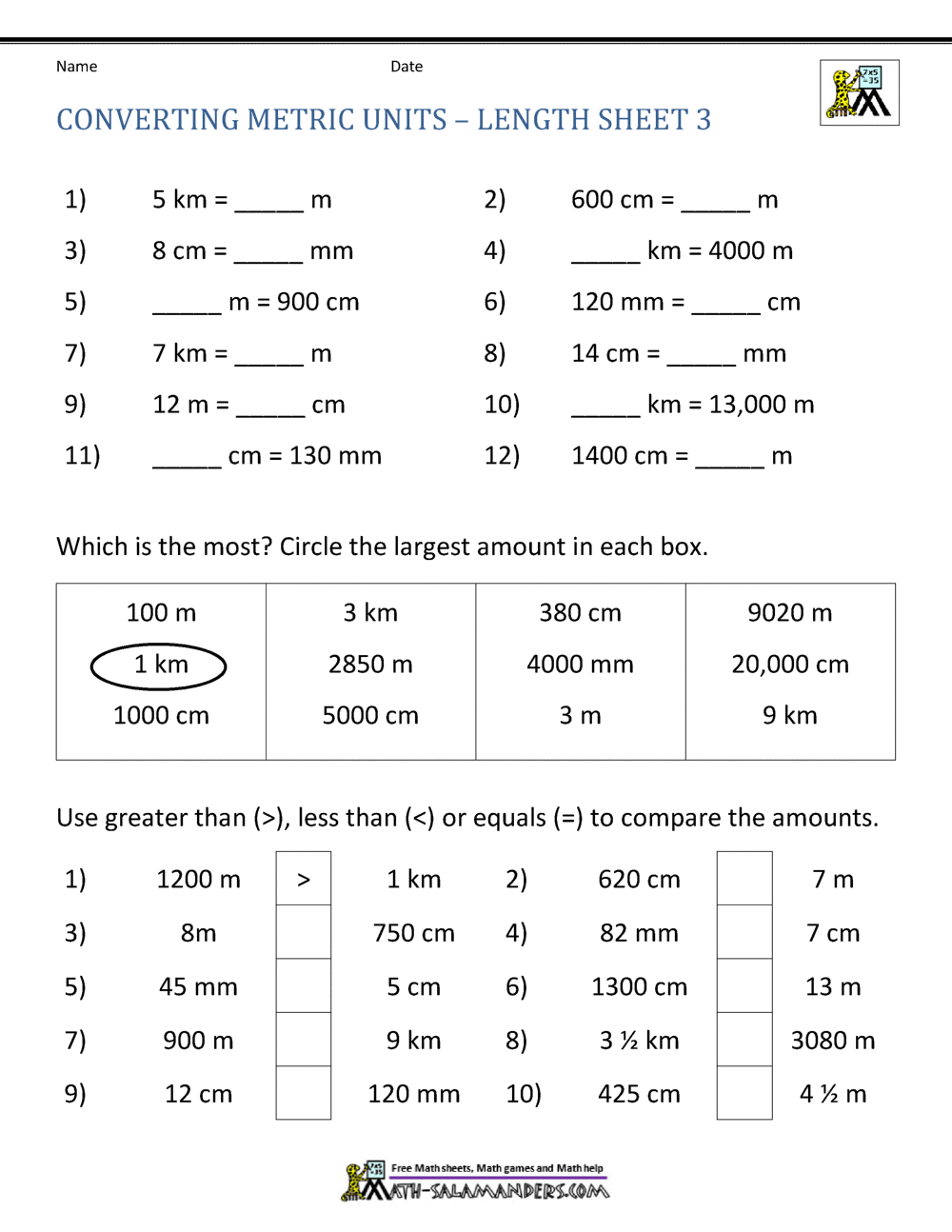 unit of length worksheet