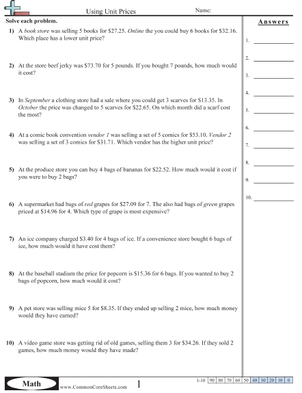 Using Unit Prices Worksheet | Free - CommonCoreSheets