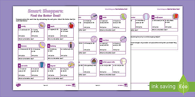 Money Math Comparing Values and Unit Prices Activity Sheet