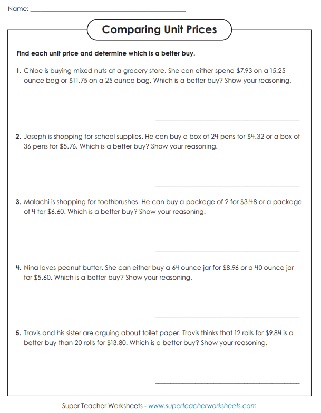 Unit Rate Worksheets