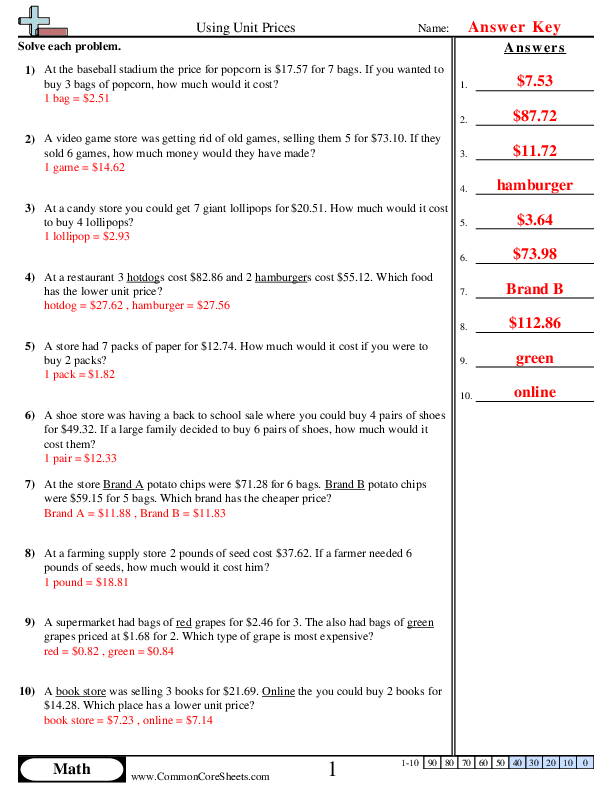 unit rate 6th grade worksheet