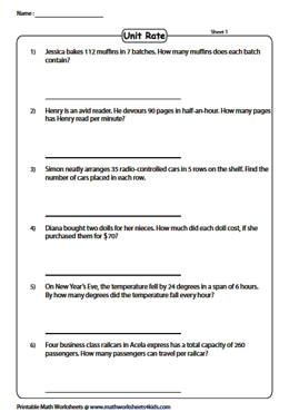 Rates and Unit Rates Worksheets with Word Problems