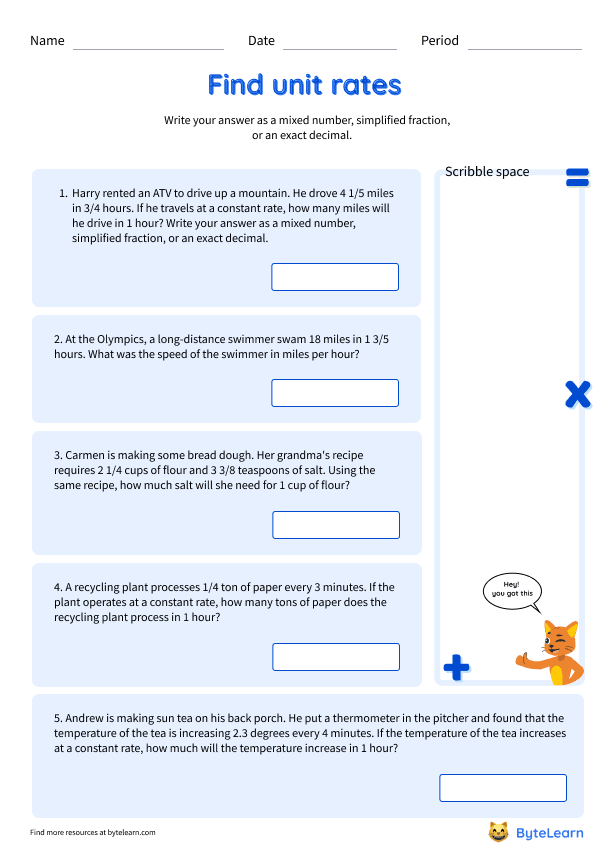 Find Unit Rates Worksheets [PDF] (7.RP.A.1): 7th Grade Math