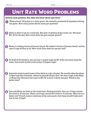 Unit Rate Word Problems | Worksheet 