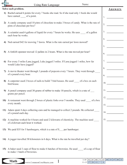 unit rate with fractions worksheet