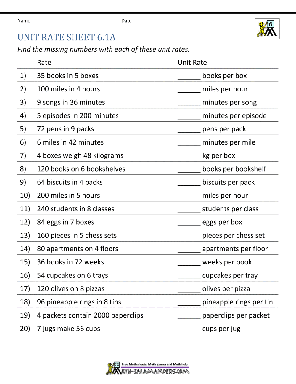unit rate worksheet 6th grade