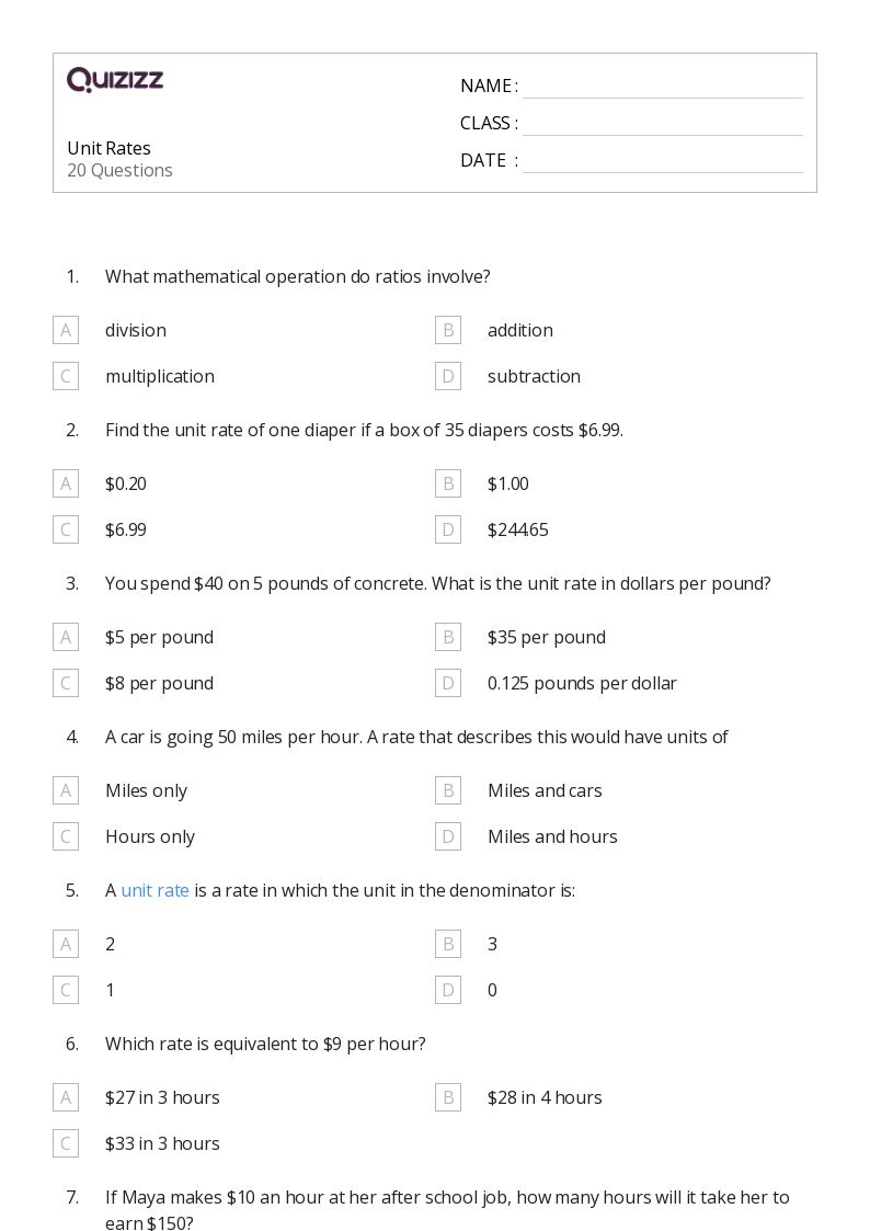 unit rate worksheet 6th grade