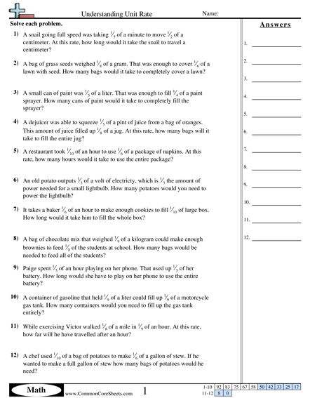 unit rate worksheet 7th grade