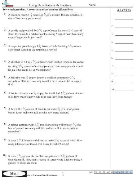 unit rates and ratios of fractions matching worksheet answers