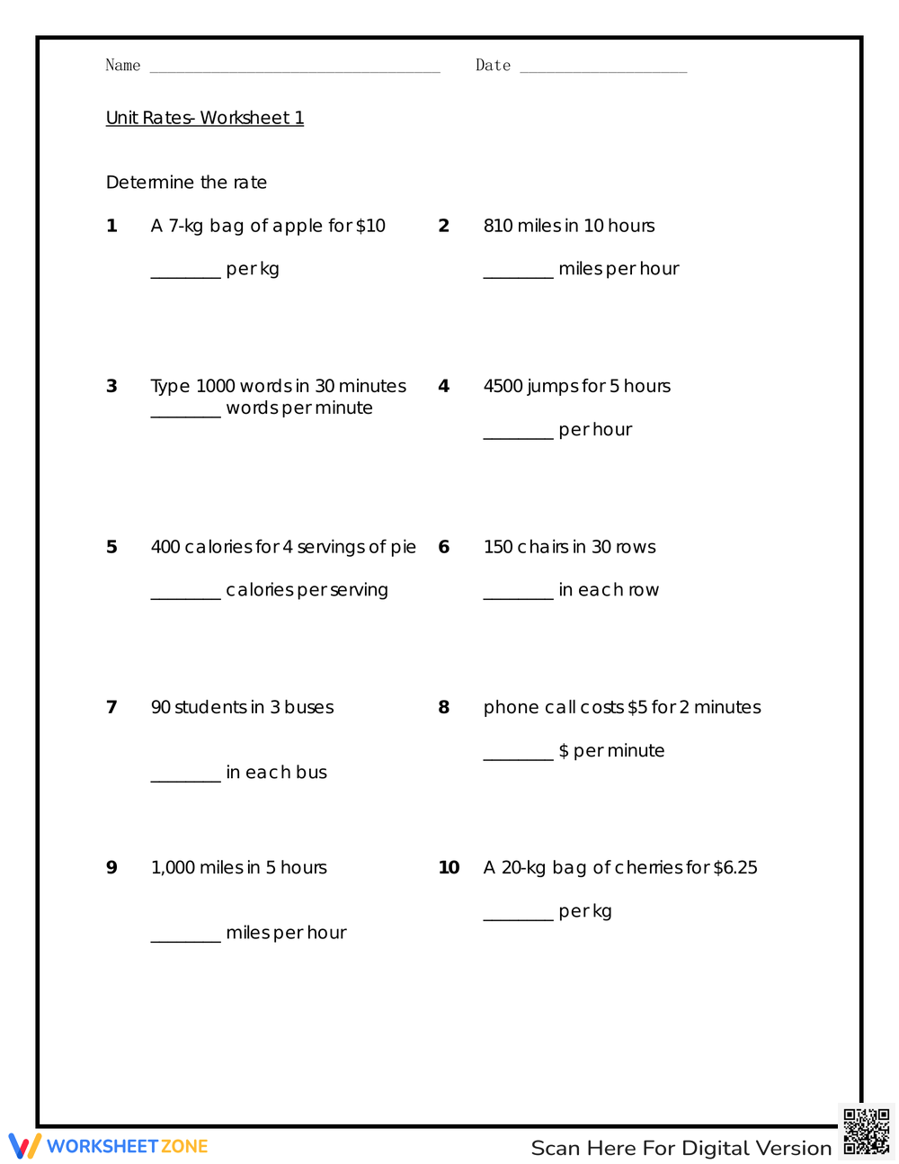 Unit Rate Worksheets Worksheets Library