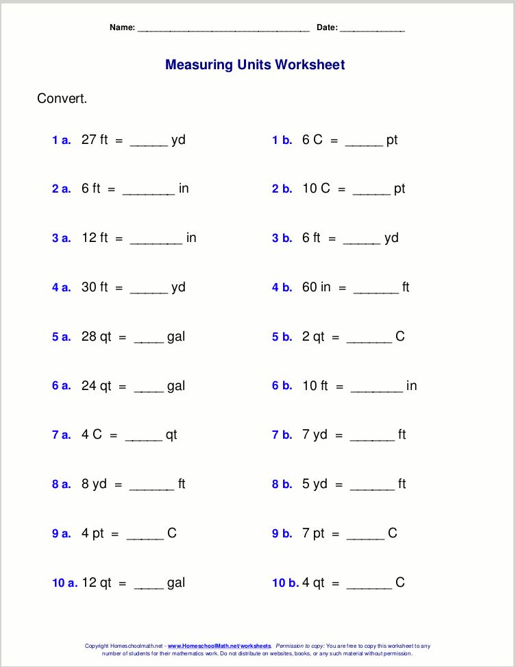 Customary measuring units worksheets