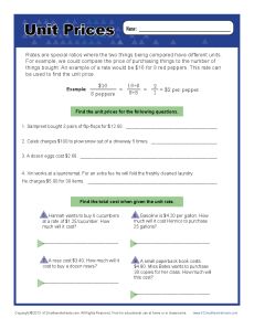 Find the Unit Prices | 6th Grade Ratio Worksheets