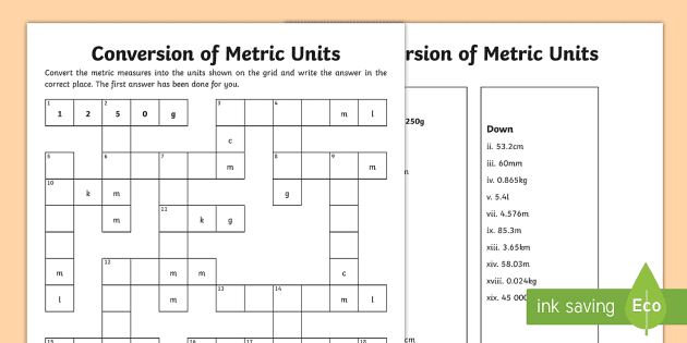 UKS2 Unit Conversion Worksheet Answers Crossword Puzzle