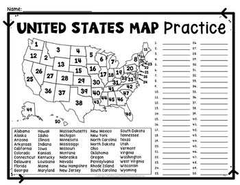 United States Map Quiz &  Worksheet, USA Map Test w/ Practice Sheet ...