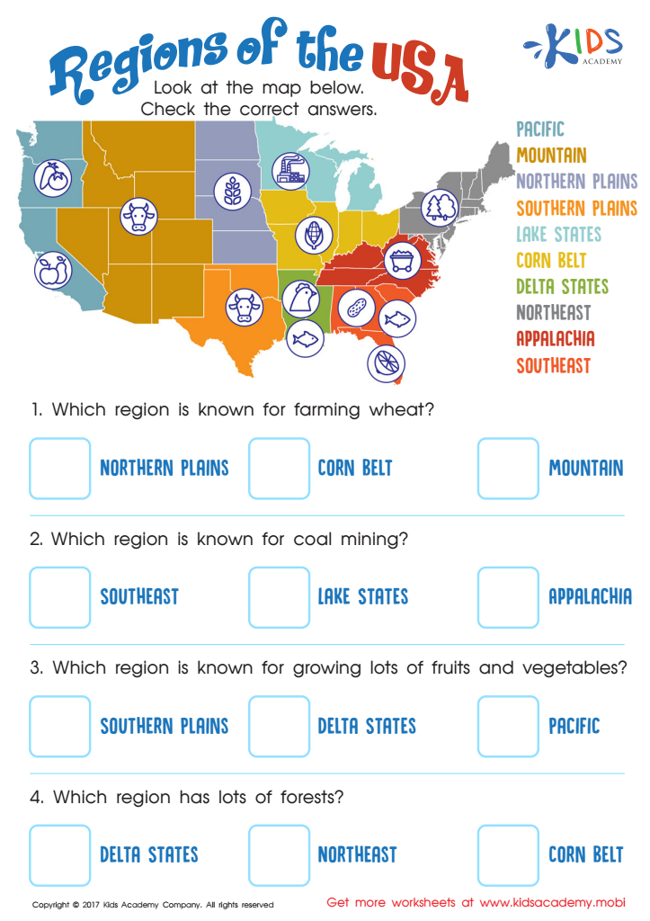 Regions of the USA Worksheet: Free Printable PDF for Kids