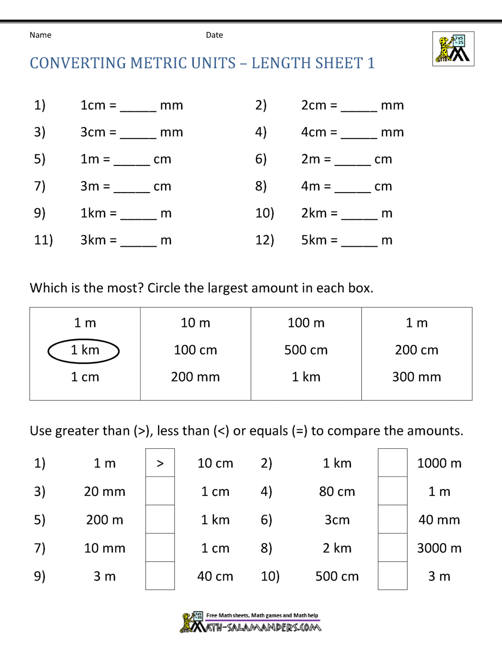 units of length worksheet answers