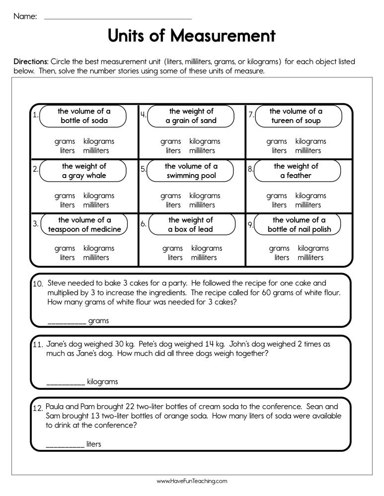 Units of Measurement Worksheet  