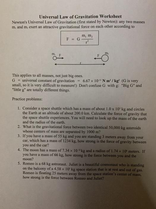 Solved Universal Law of Gravitation Worksheet Newtons | Chegg.com