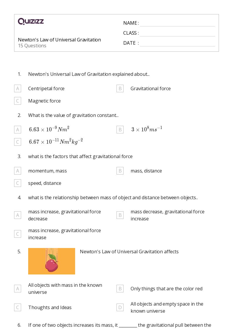 universal law of gravitation worksheet
