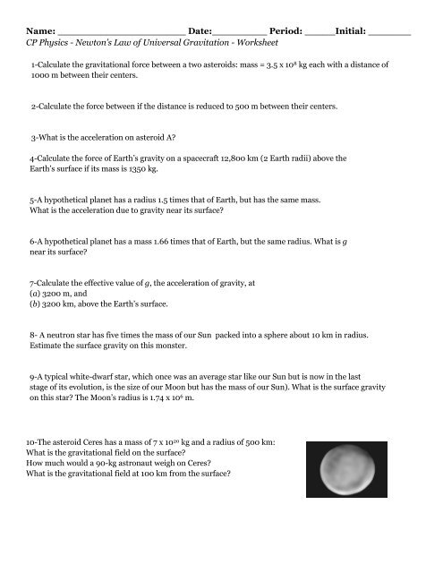 universal law of gravitation worksheet