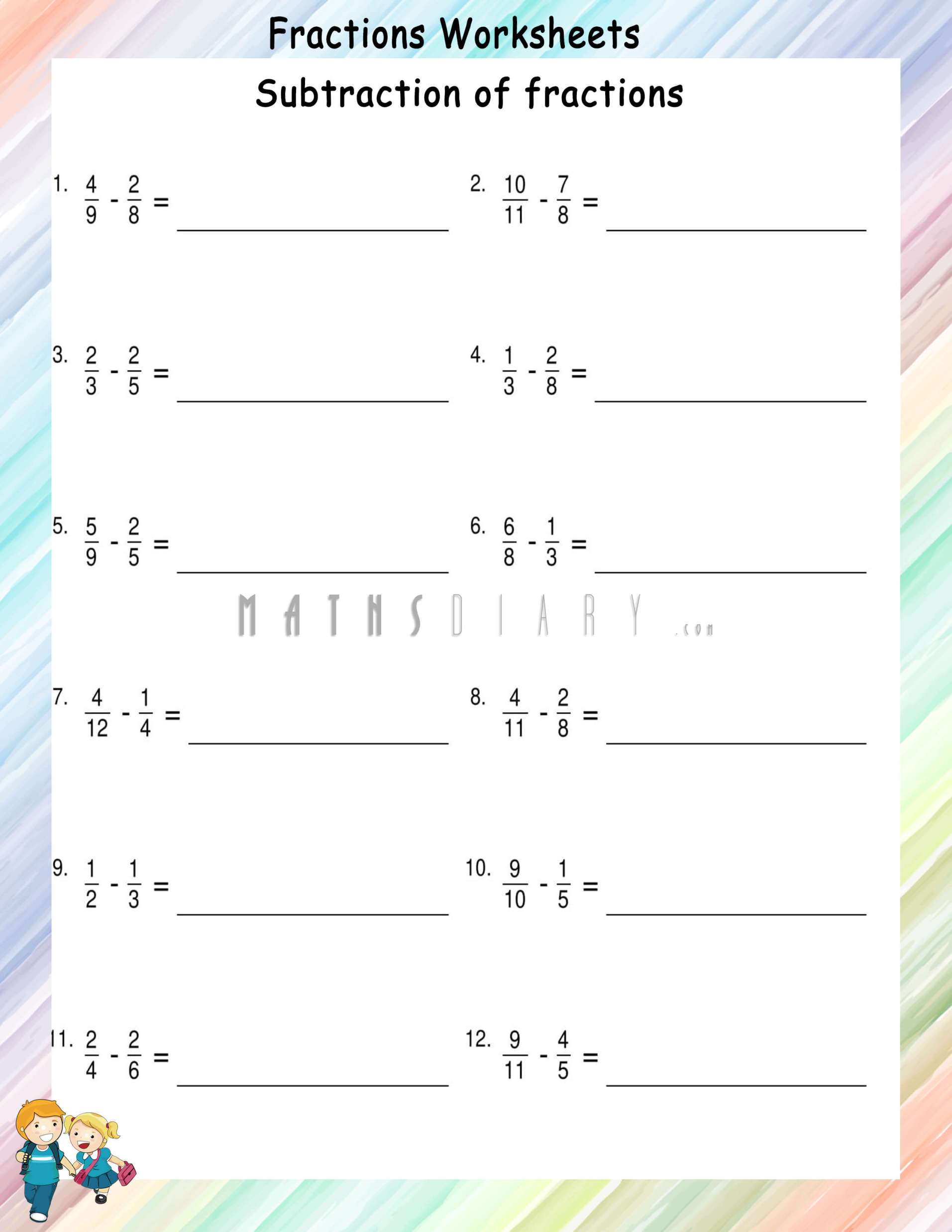 Subtracting unlike fractions worksheets - Math Worksheets ...