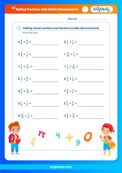 unlike denominators worksheet