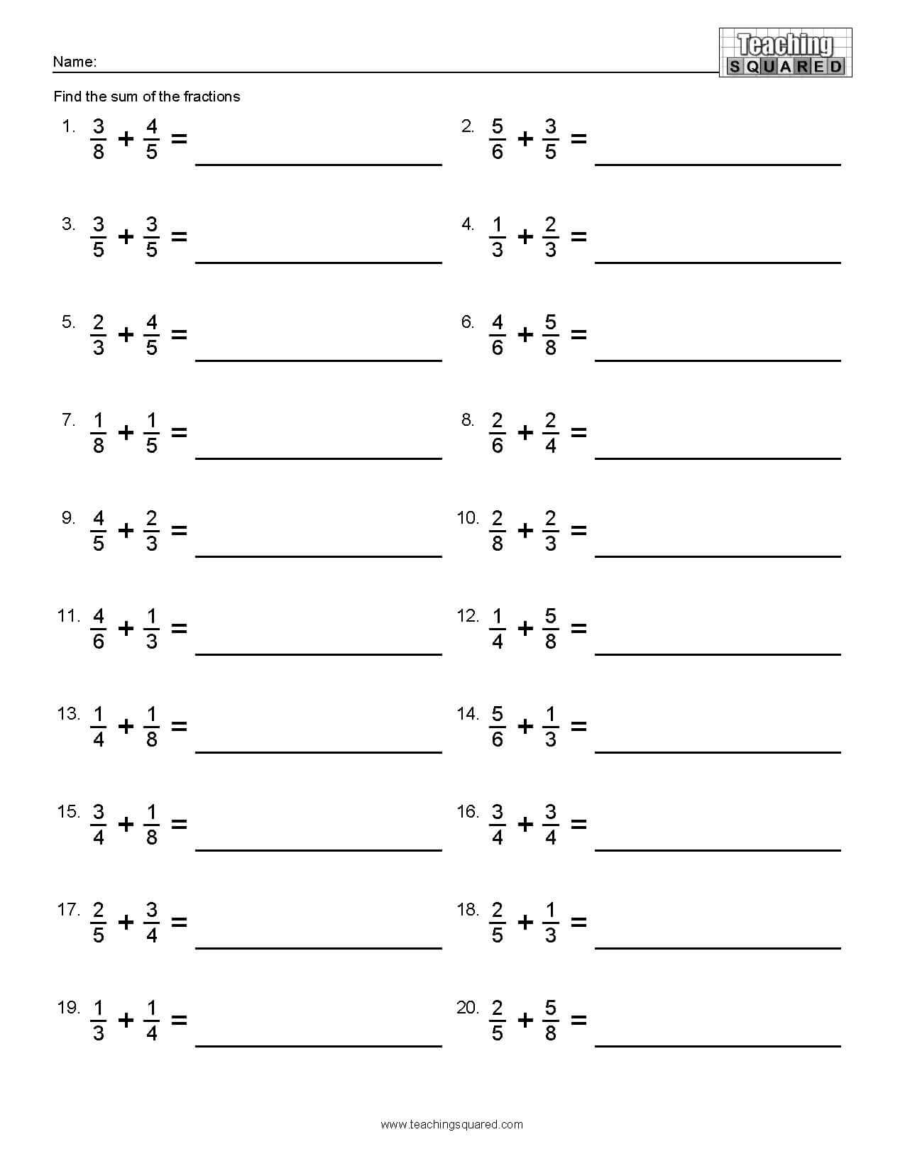 unlike fractions worksheet