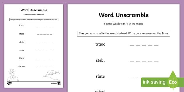 Unscramble the 5 Letter Words with t in the Middle Worksheet