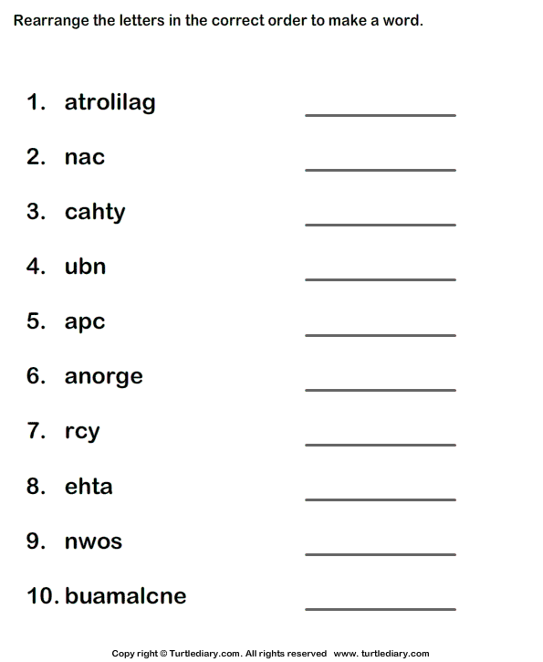 Unscramble Letters to Make Words | Turtle Diary Worksheet