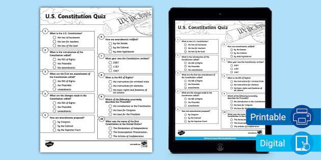Sixth Grade U.S. Constitution Quiz (teacher made) - Twinkl