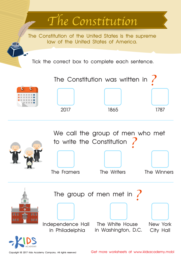 The Constitution Worksheet: Downloadable PDF for Kids