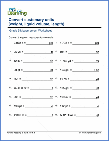 Grade 5 math worksheet: Converting units of measurement | Worsheets library